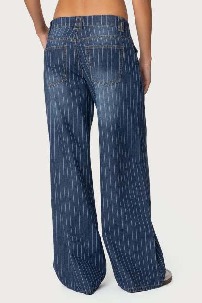 Cory Striped Low Rise Baggy Jeans - BLUE