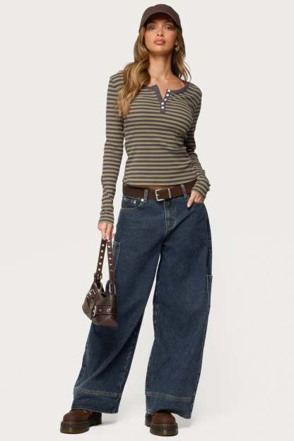 Roma Striped Henley Top - OLIVE