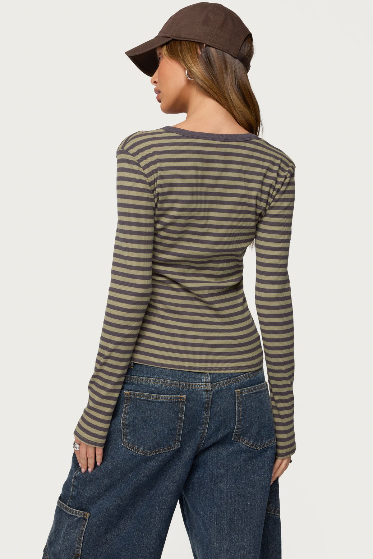 Roma Striped Henley Top - OLIVE
