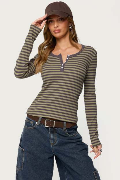 Roma Striped Henley Top - OLIVE
