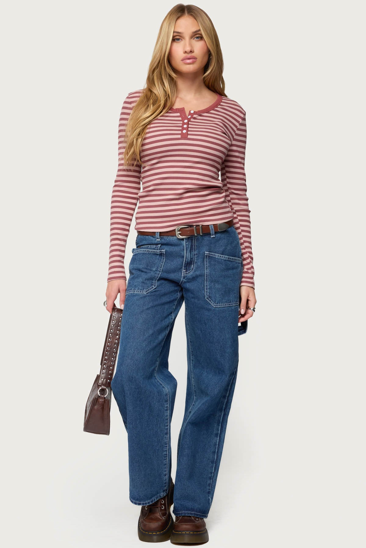 Roma Striped Henley Top - PINK