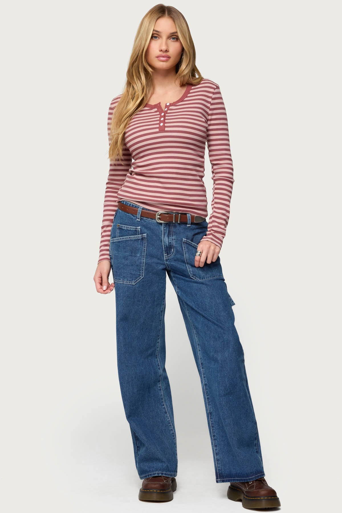 Roma Striped Henley Top - PINK