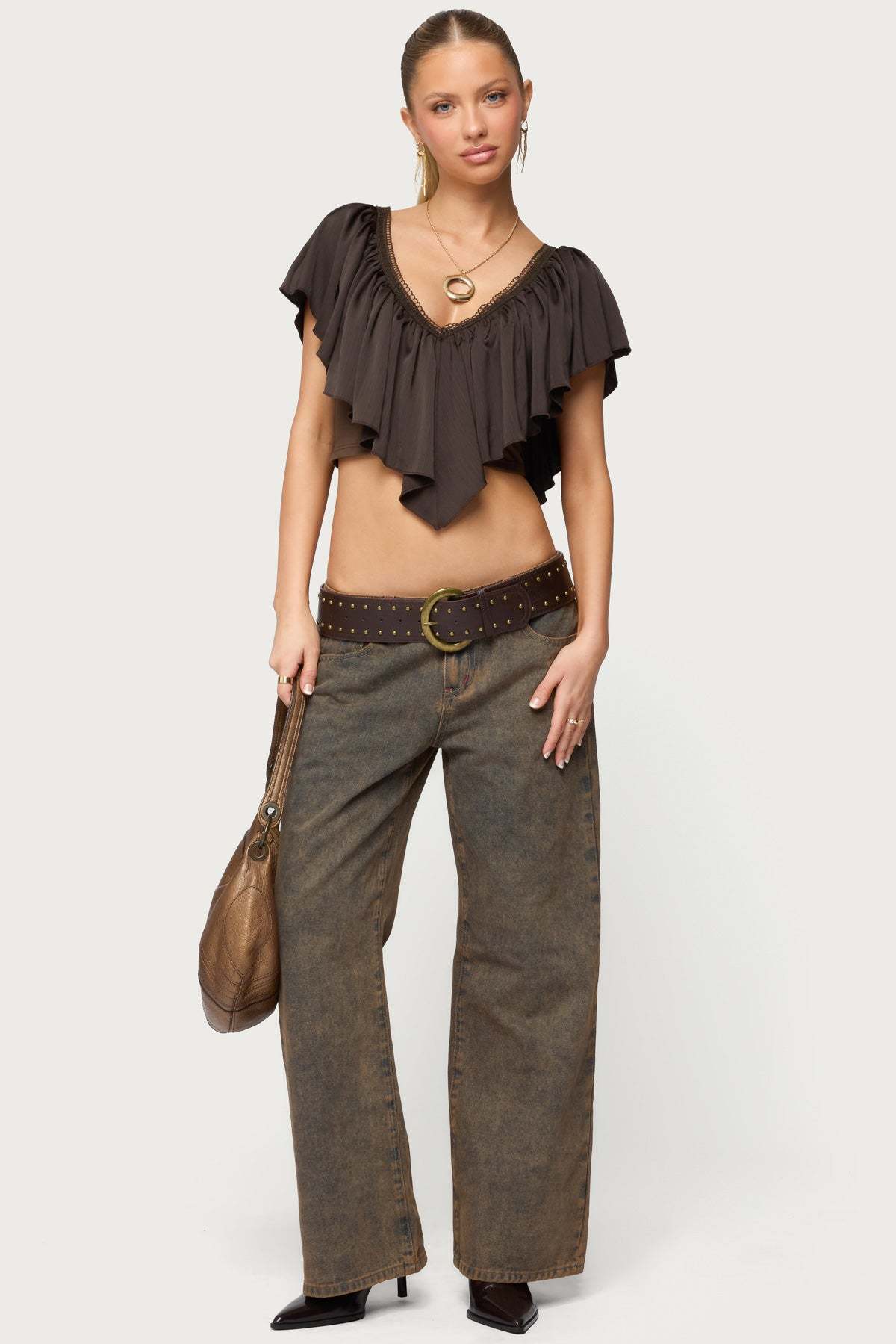 Deena Ruffled V Neck Top - DARK-GRAY