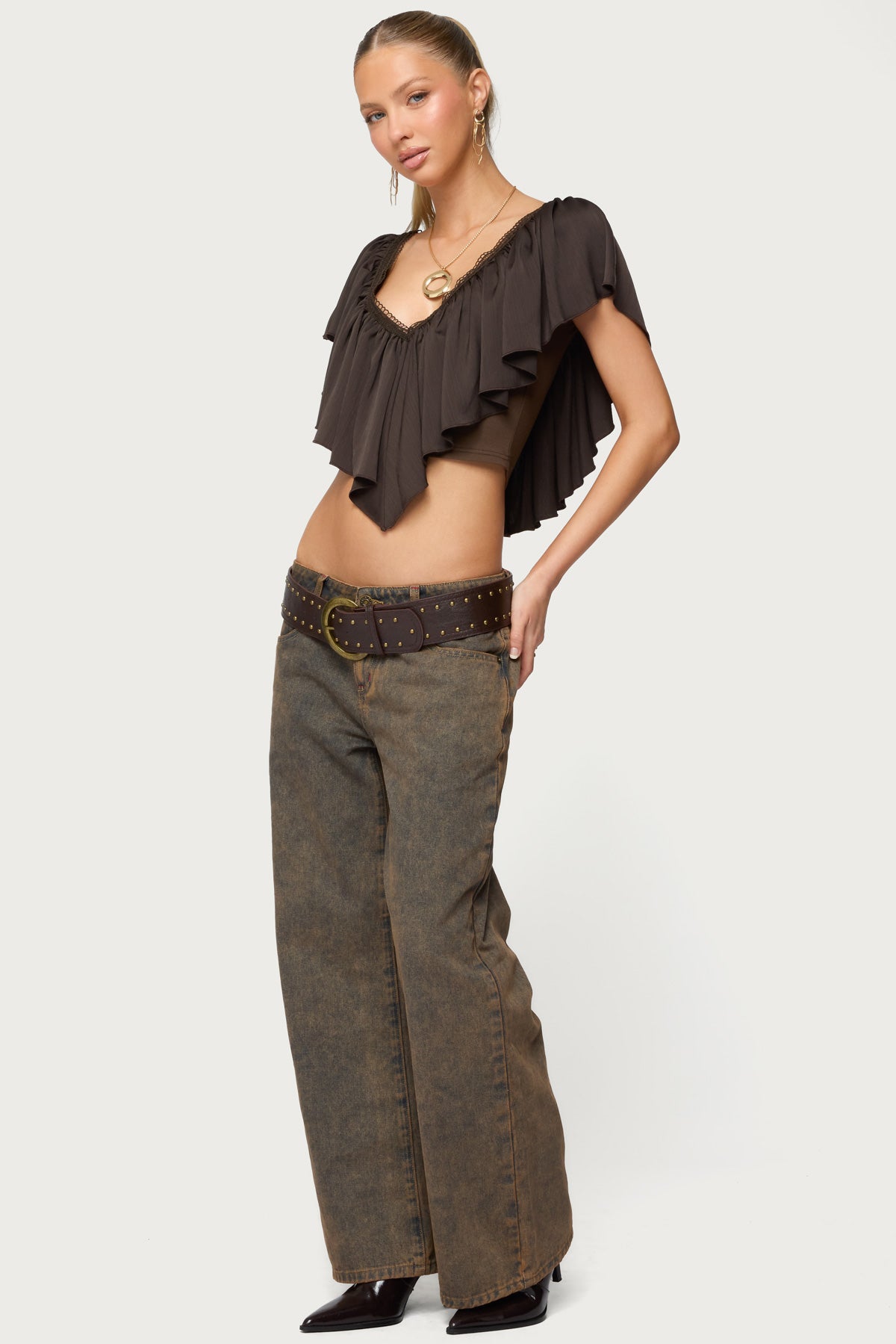 Deena Ruffled V Neck Top - DARK-GRAY