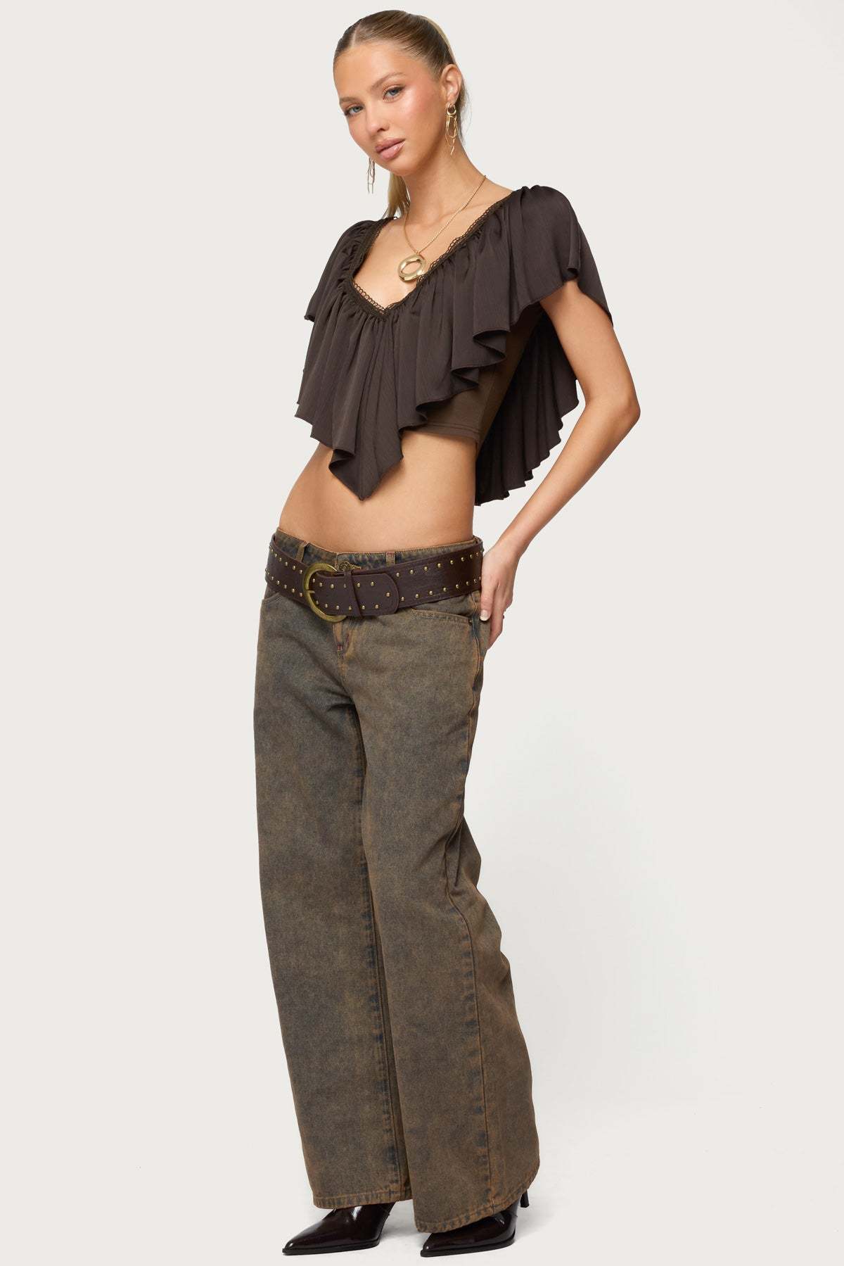 Deena Ruffled V Neck Top - DARK-GRAY