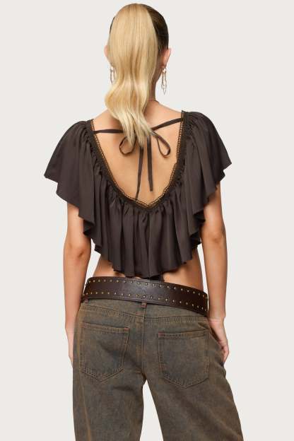 Deena Ruffled V Neck Top - DARK-GRAY
