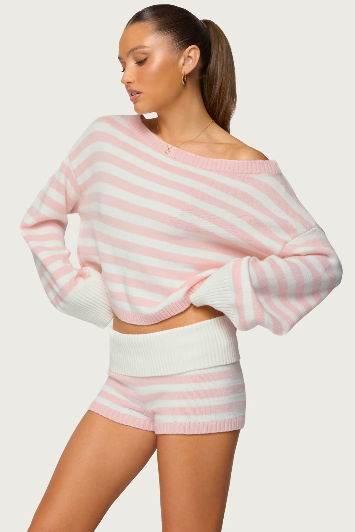 Saphi Striped Oversized Knit Sweater - LIGHT-PINK-AND-CREAM