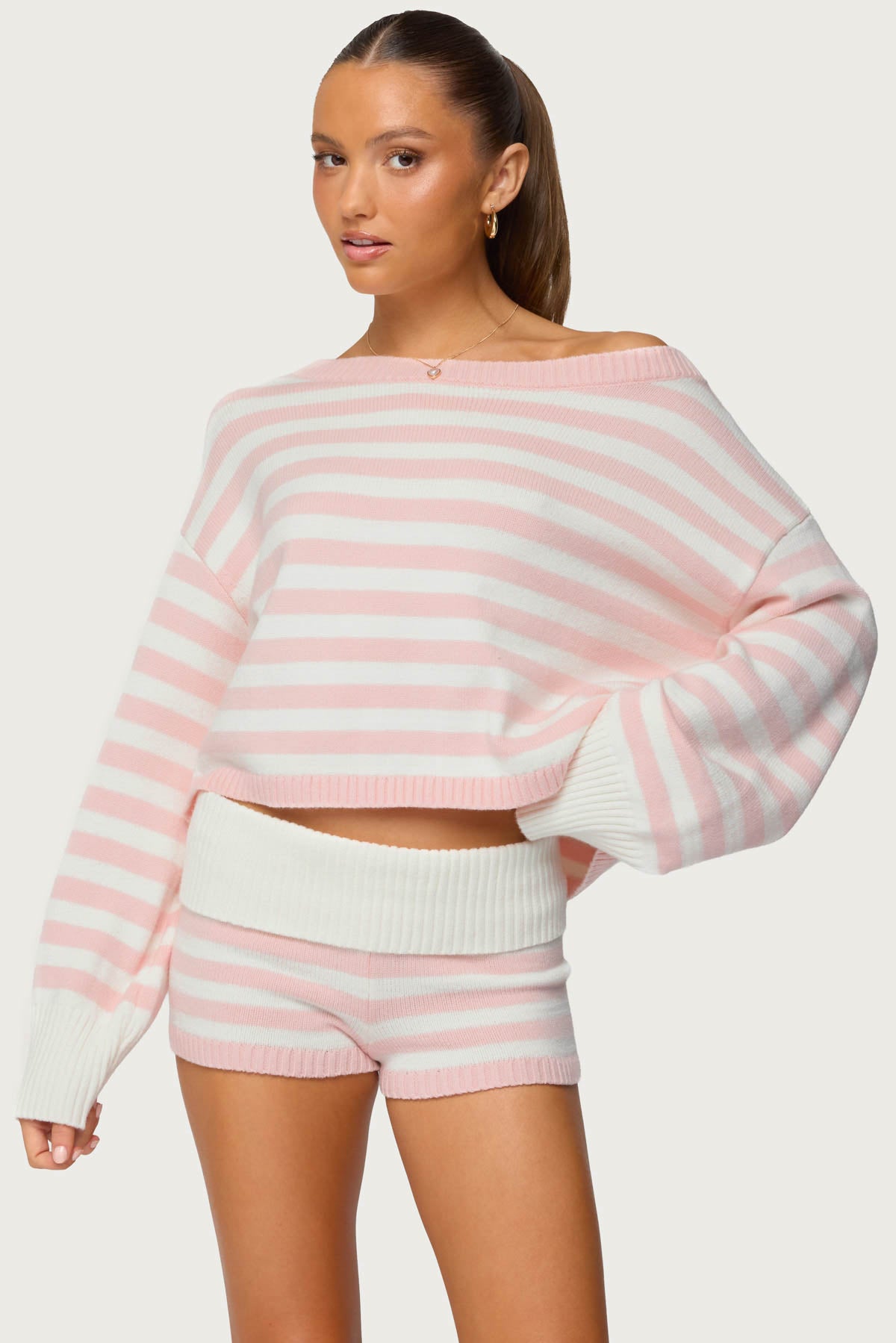 Saphi Striped Oversized Knit Sweater - LIGHT-PINK-AND-CREAM