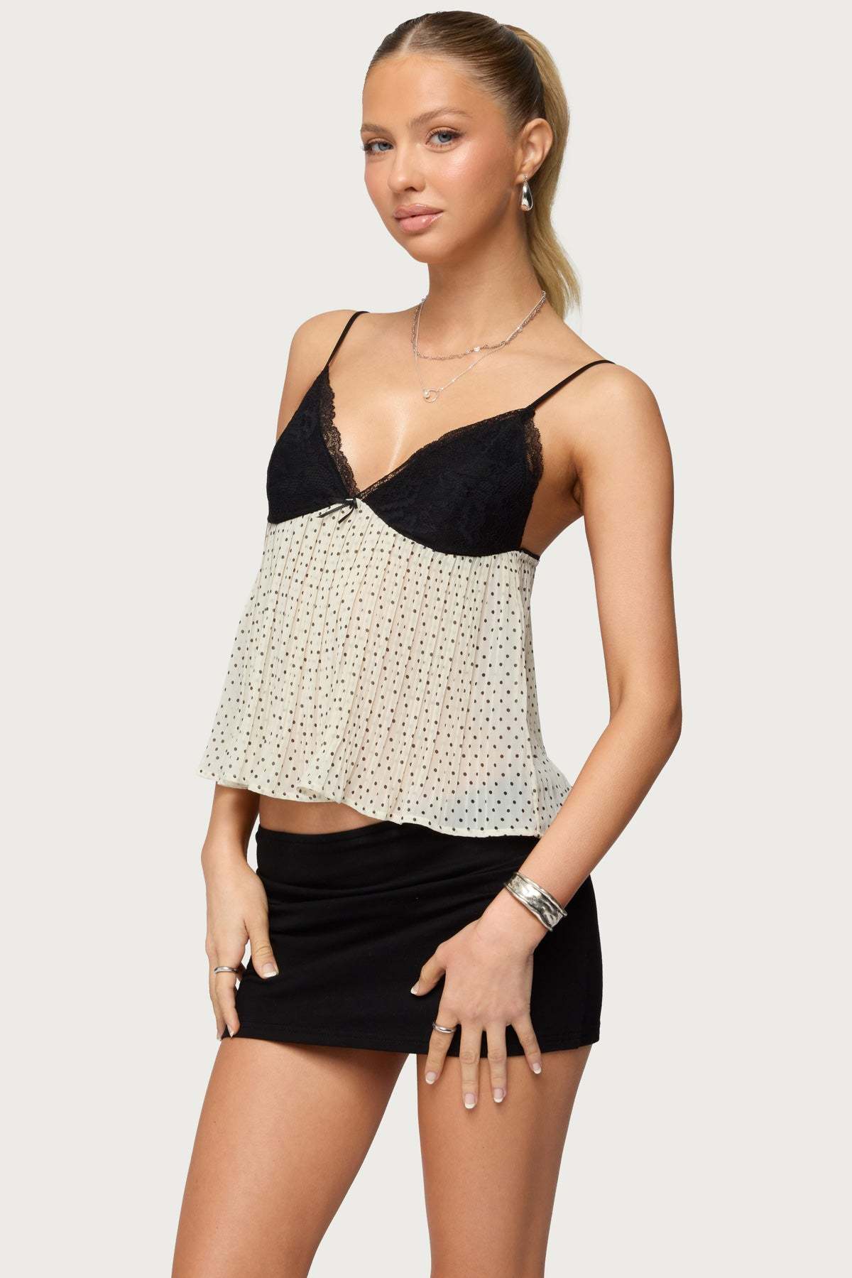 Rhian Lacey Pleated Babydoll Top - CREAM-AND-BLACK