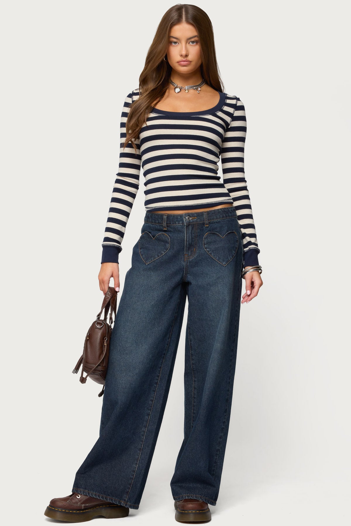 Rainey Striped Long Sleeve Top - NAVY-AND-CREAM
