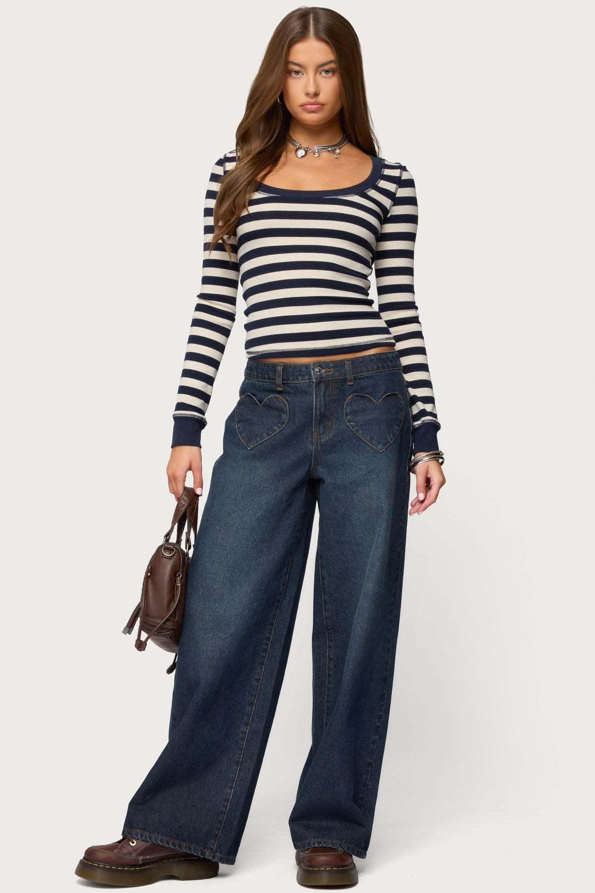 Rainey Striped Long Sleeve Top - NAVY-AND-CREAM