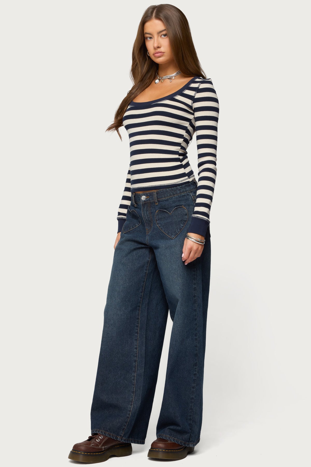 Rainey Striped Long Sleeve Top - NAVY-AND-CREAM