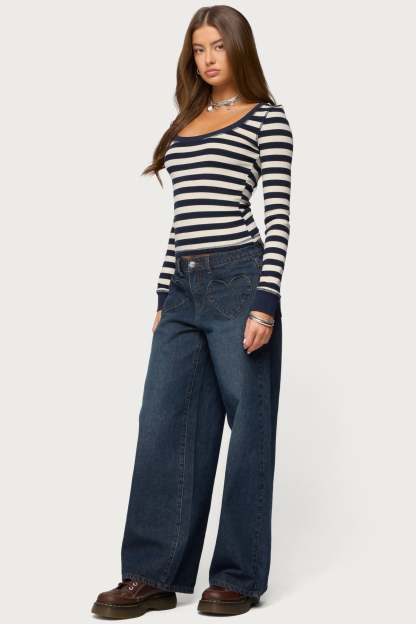 Rainey Striped Long Sleeve Top - NAVY-AND-CREAM