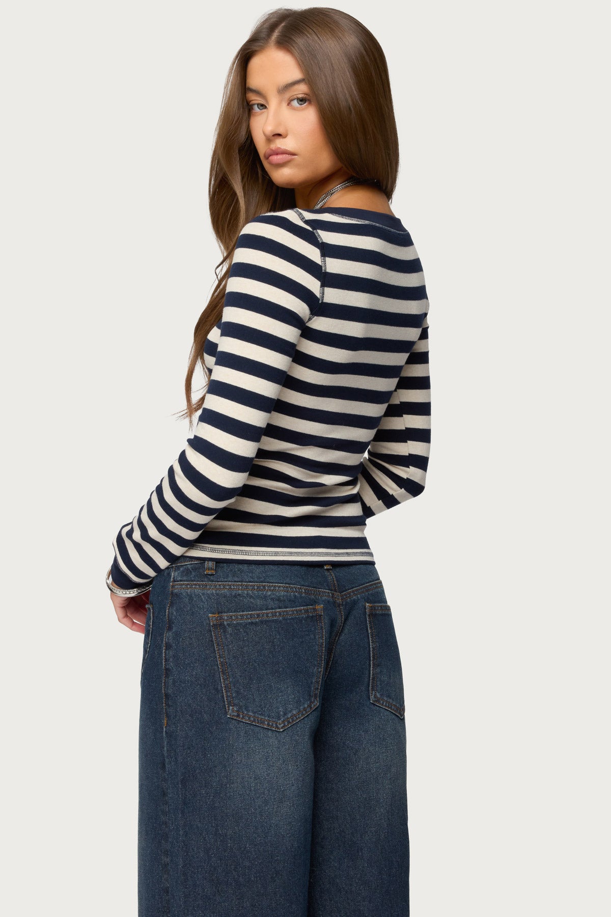 Rainey Striped Long Sleeve Top - NAVY-AND-CREAM