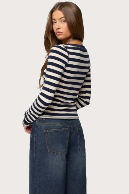 Rainey Striped Long Sleeve Top - NAVY-AND-CREAM