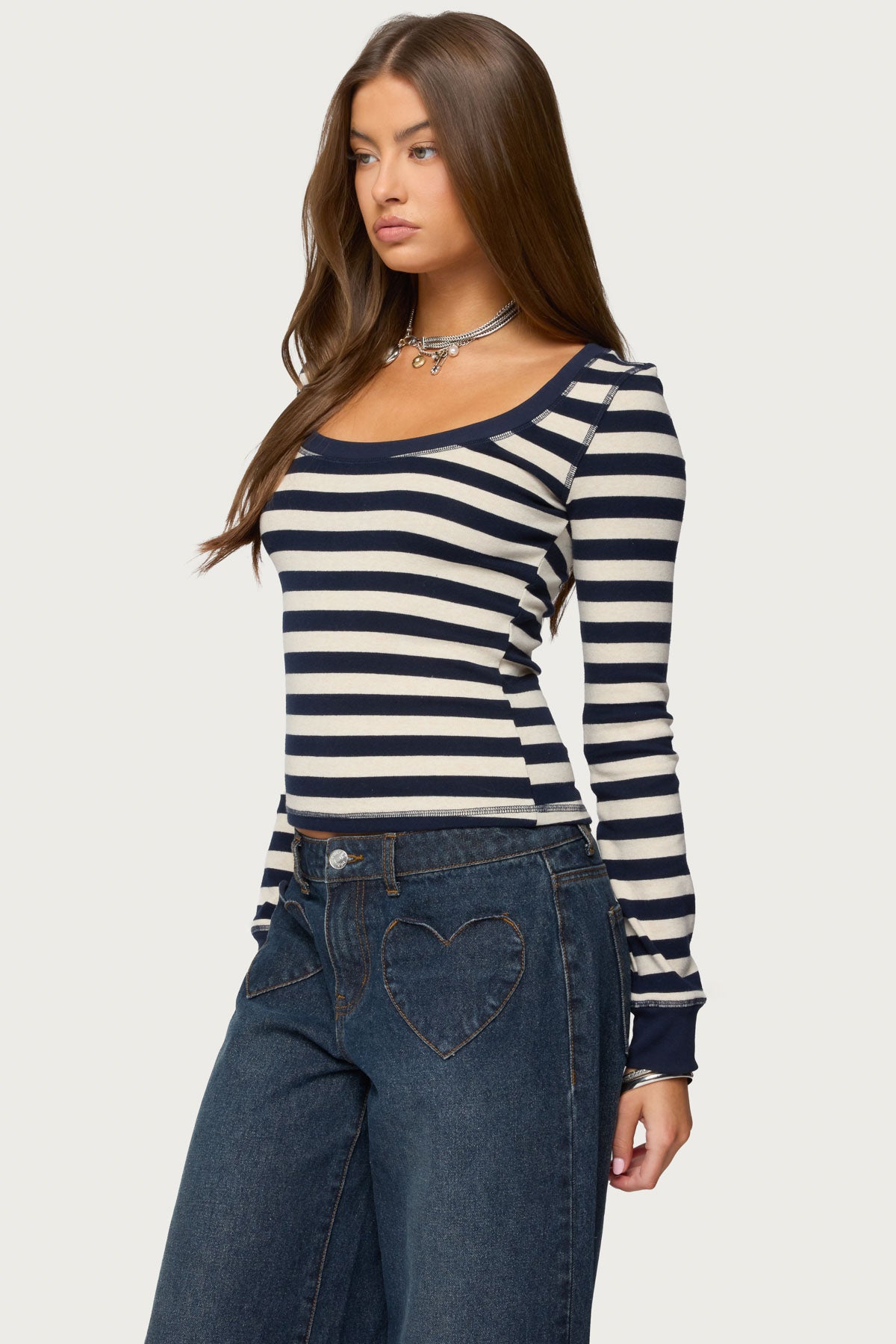 Rainey Striped Long Sleeve Top - NAVY-AND-CREAM