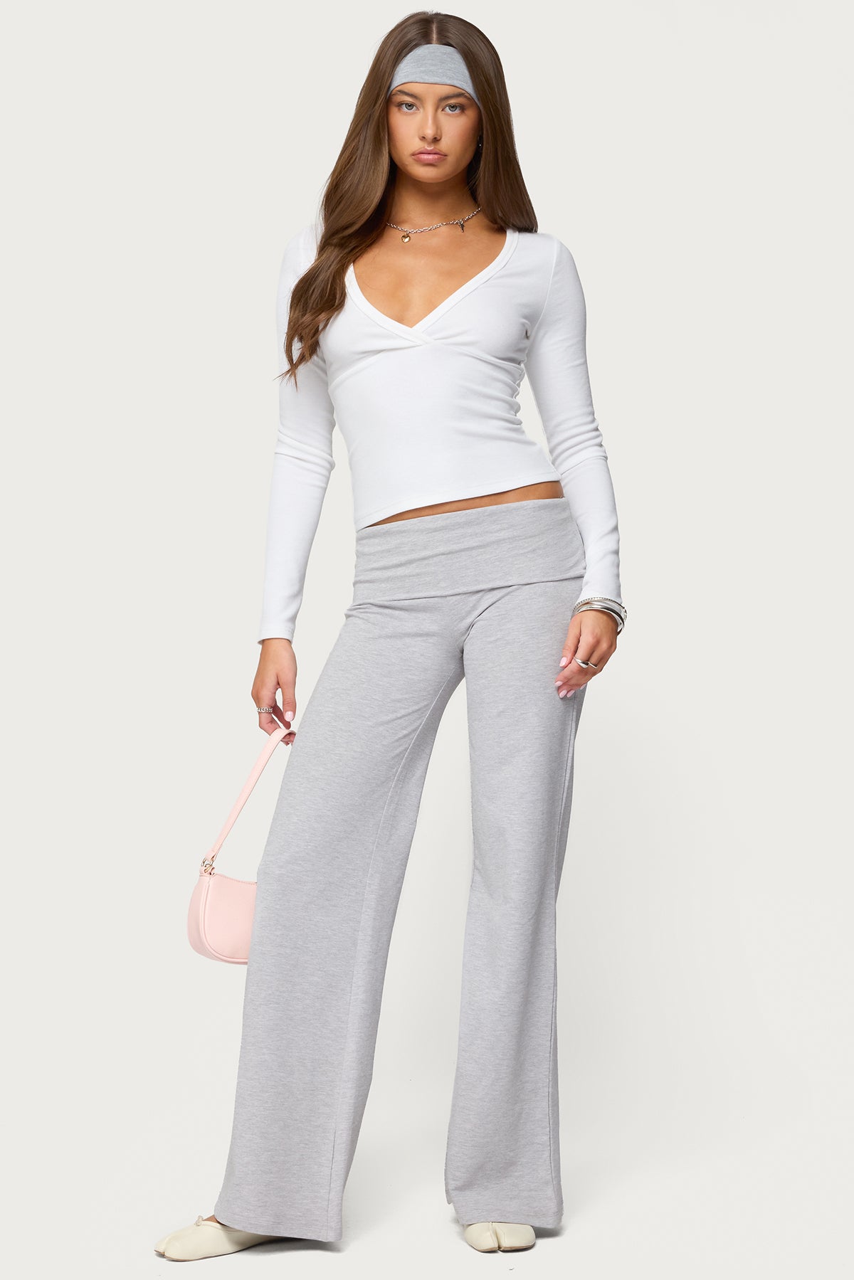 Wide Leg Foldover Pants - LIGHT GRAY MELANGE