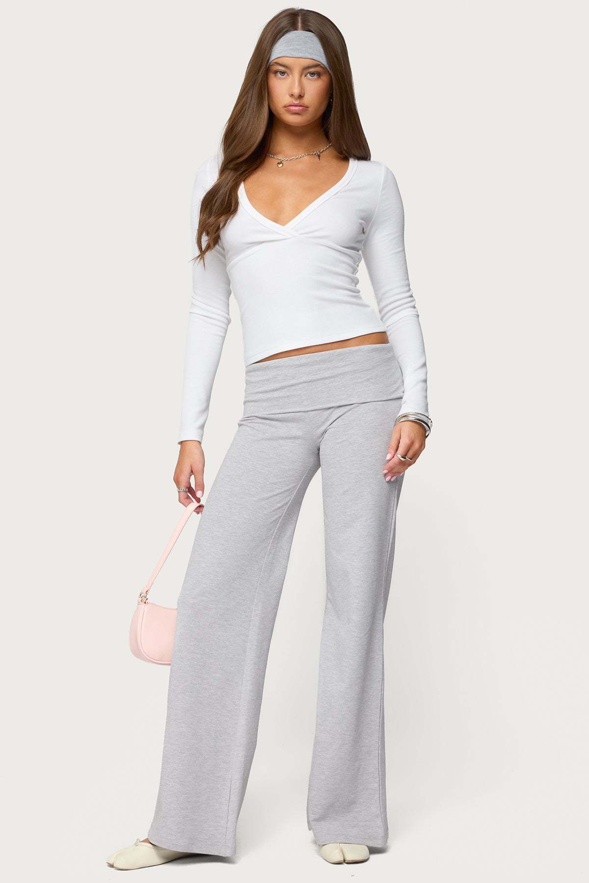 Wide Leg Foldover Pants - LIGHT GRAY MELANGE