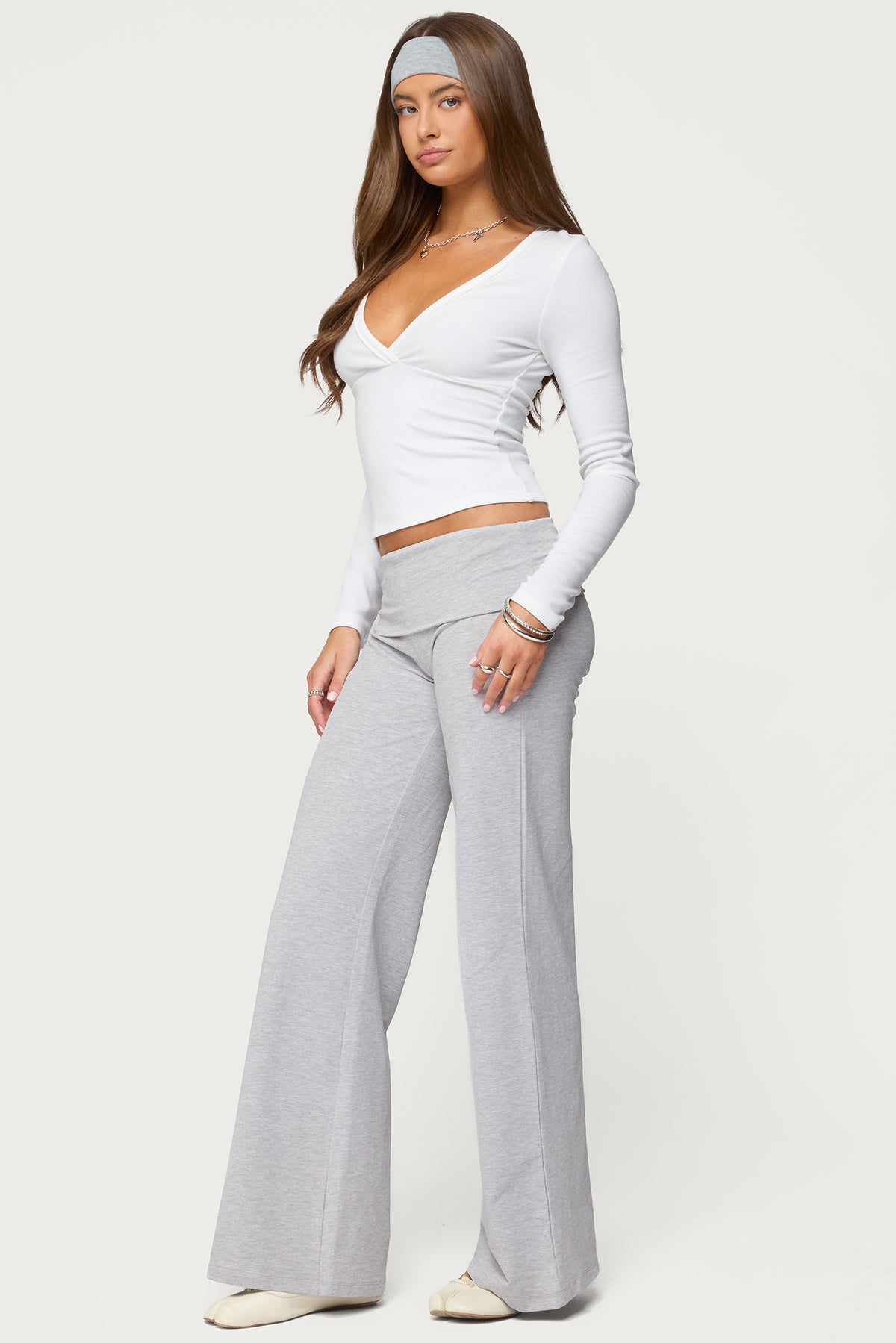 Wide Leg Foldover Pants - LIGHT GRAY MELANGE