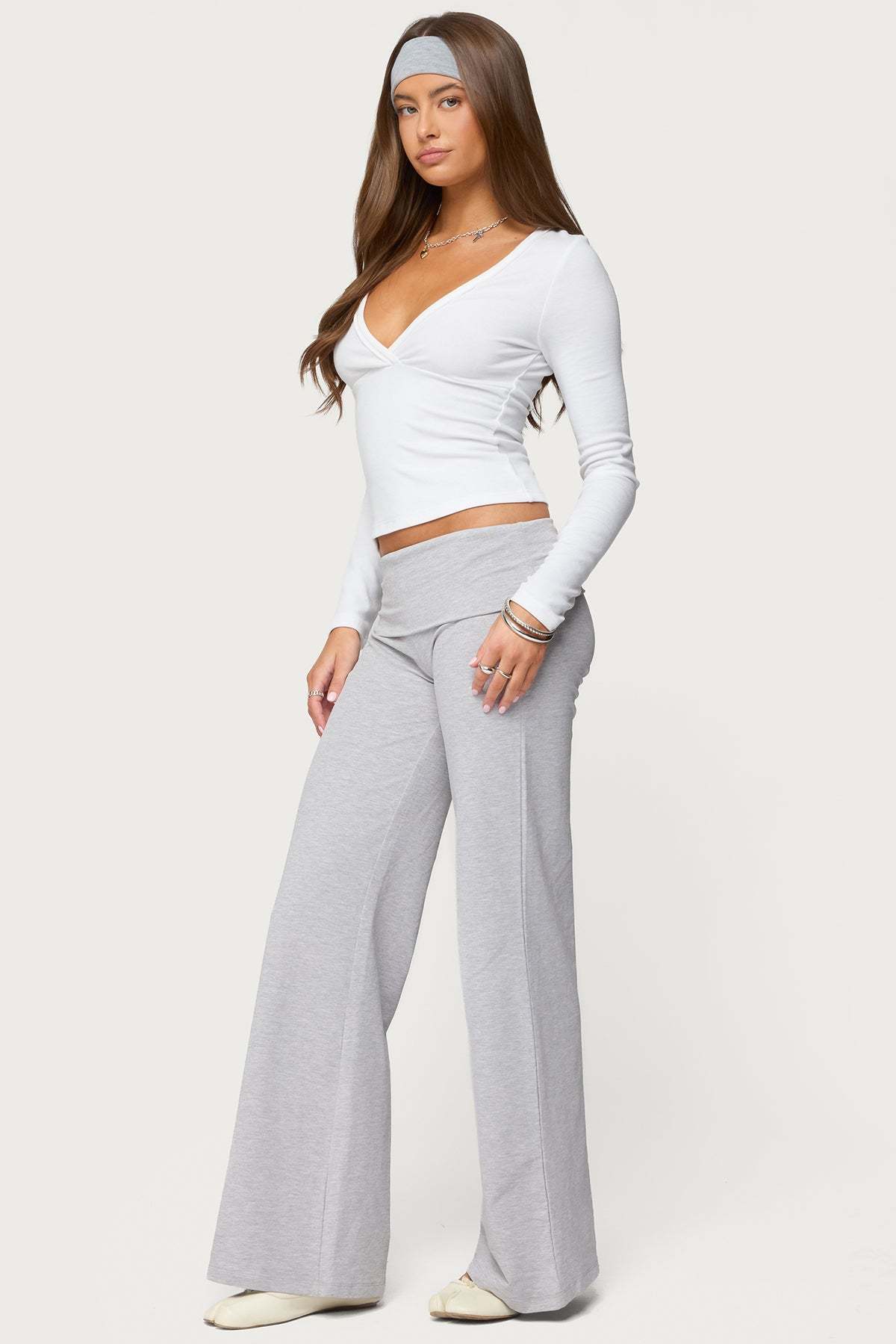 Wide Leg Foldover Pants - LIGHT GRAY MELANGE