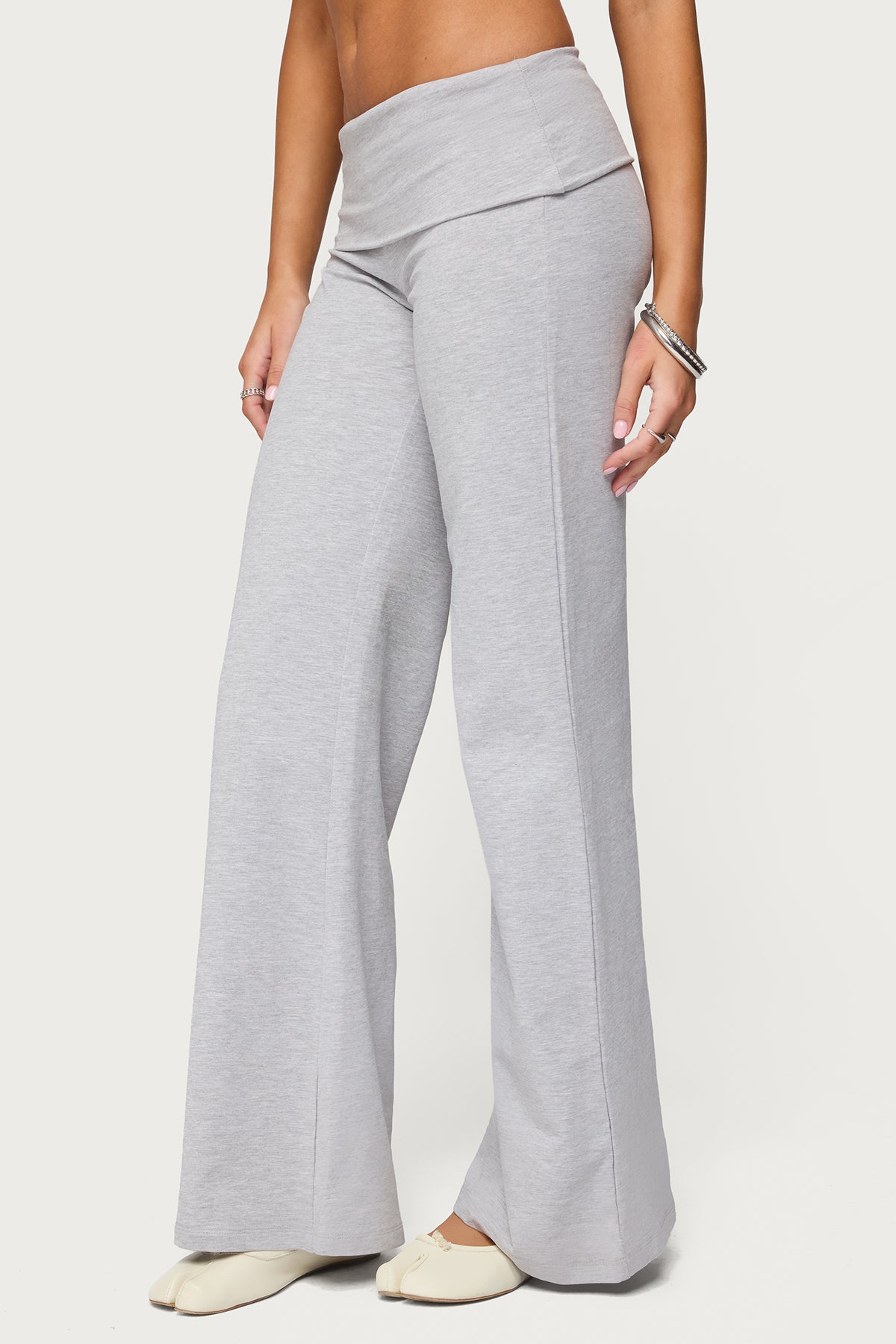 Wide Leg Foldover Pants - LIGHT GRAY MELANGE