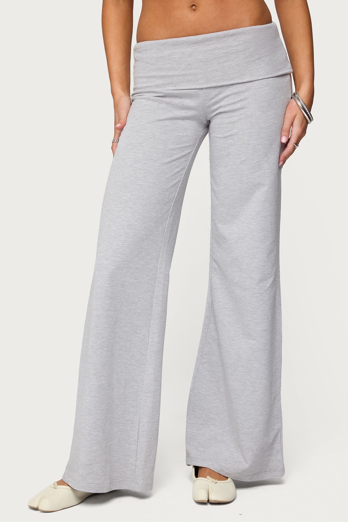 Wide Leg Foldover Pants - LIGHT GRAY MELANGE