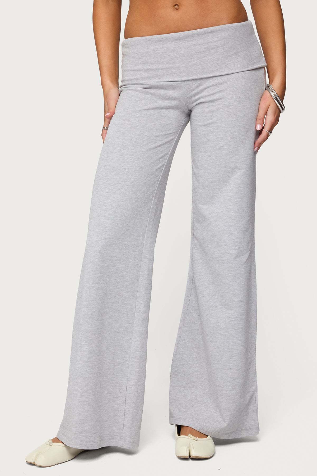 Wide Leg Foldover Pants - LIGHT GRAY MELANGE