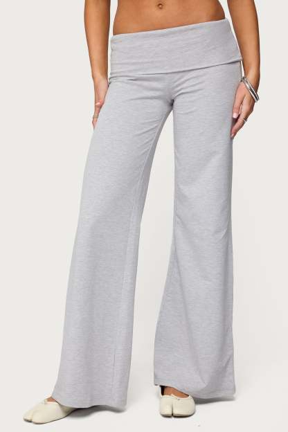 Wide Leg Foldover Pants - LIGHT GRAY MELANGE
