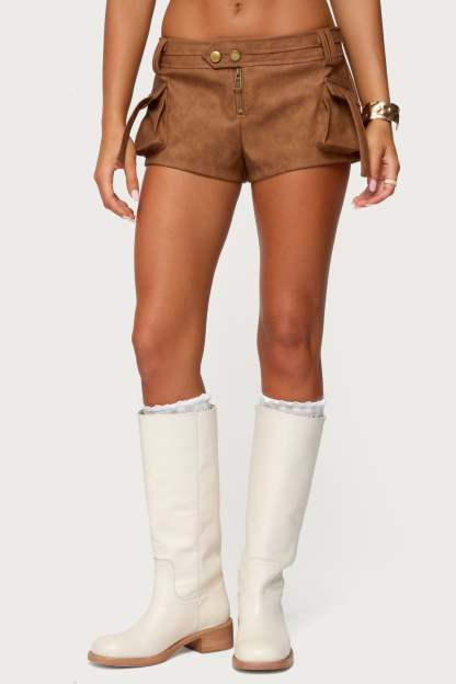 Washed Faux Leather Micro Cargo Shorts - TAN