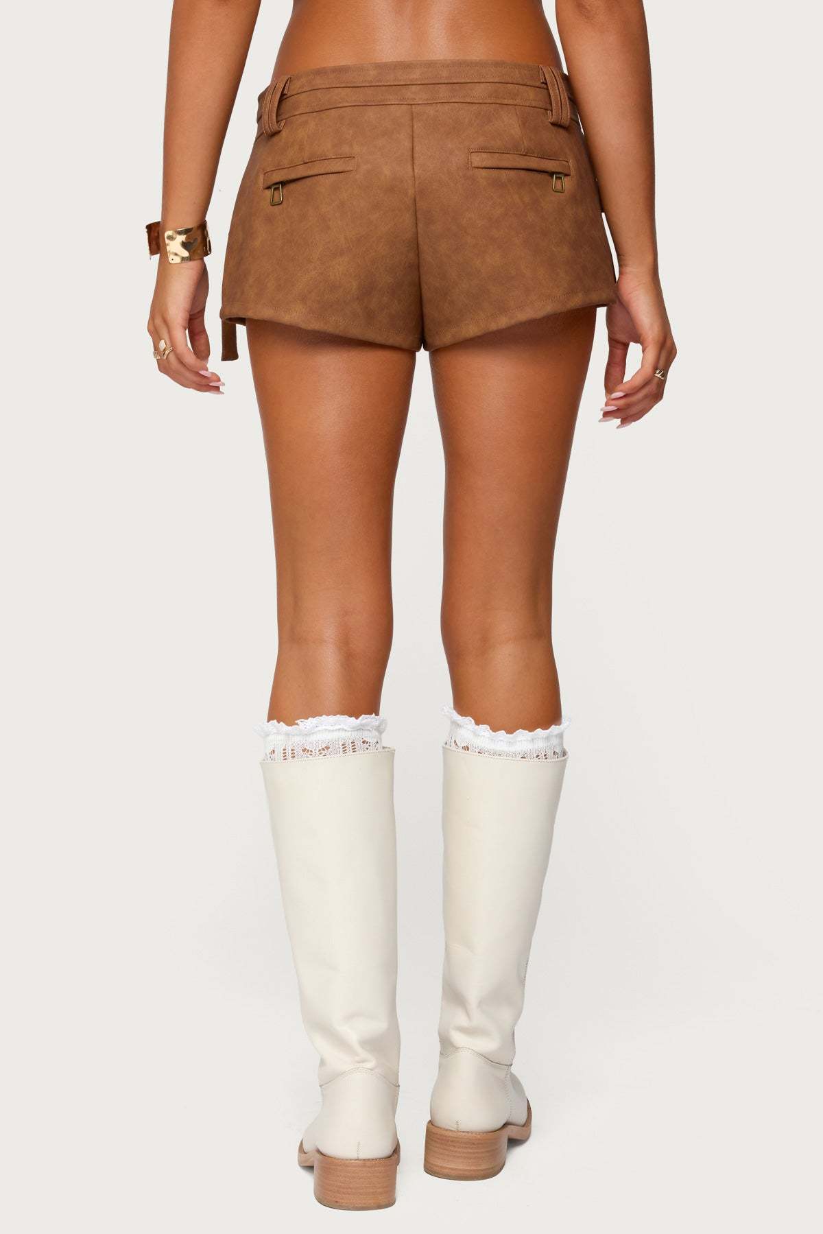 Washed Faux Leather Micro Cargo Shorts - TAN