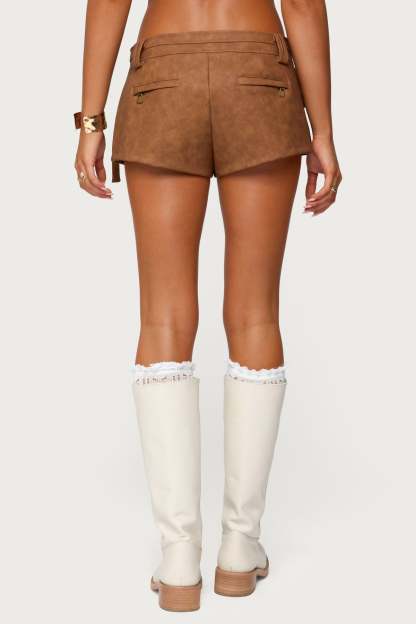 Washed Faux Leather Micro Cargo Shorts - TAN