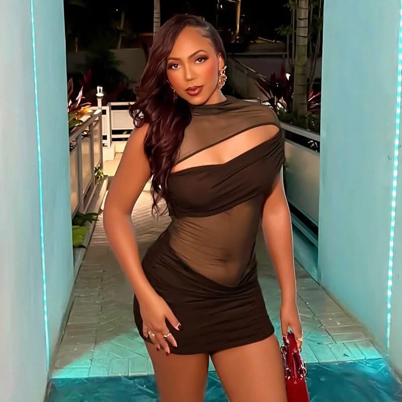 Brown cutout mini dress angled view showing sheer mesh panel and wrapped neckline