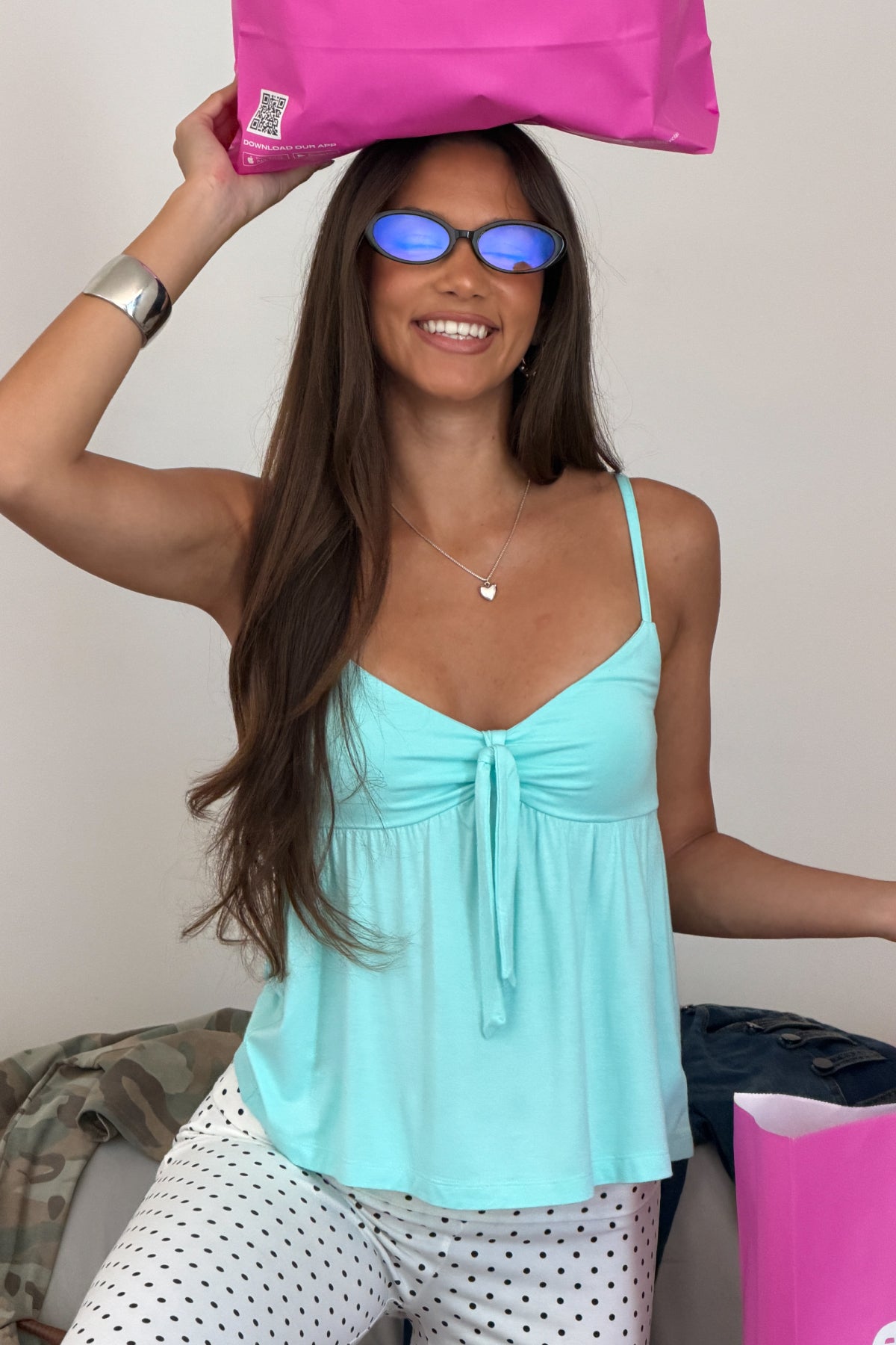 Michey Tie Front Babydoll Tank Top - AQUA