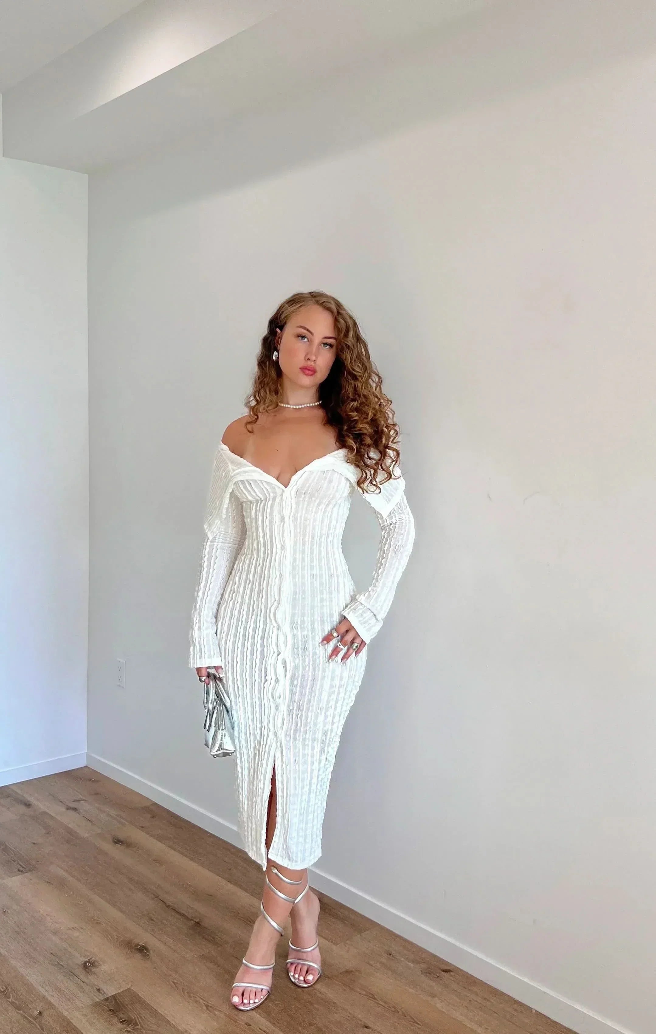 White ribbed off-shoulder midi dress with ruched texture and front slit
