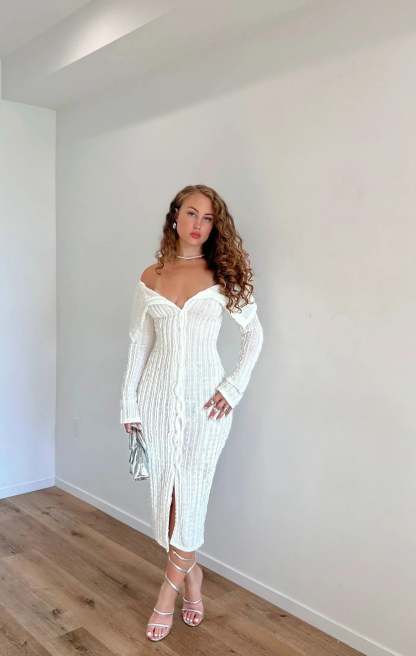 White ribbed off-shoulder midi dress with ruched texture and front slit