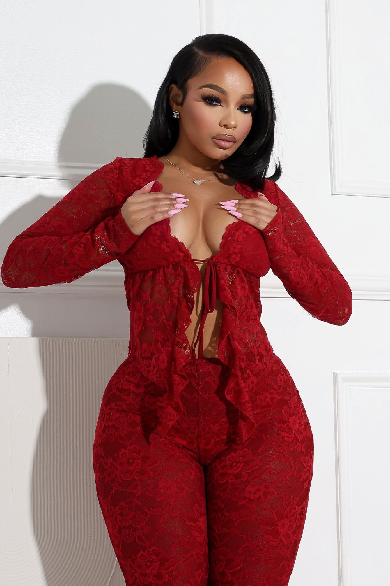 Women's Cocktail Floral Lace Long Sleeve Pants Set - product image 2