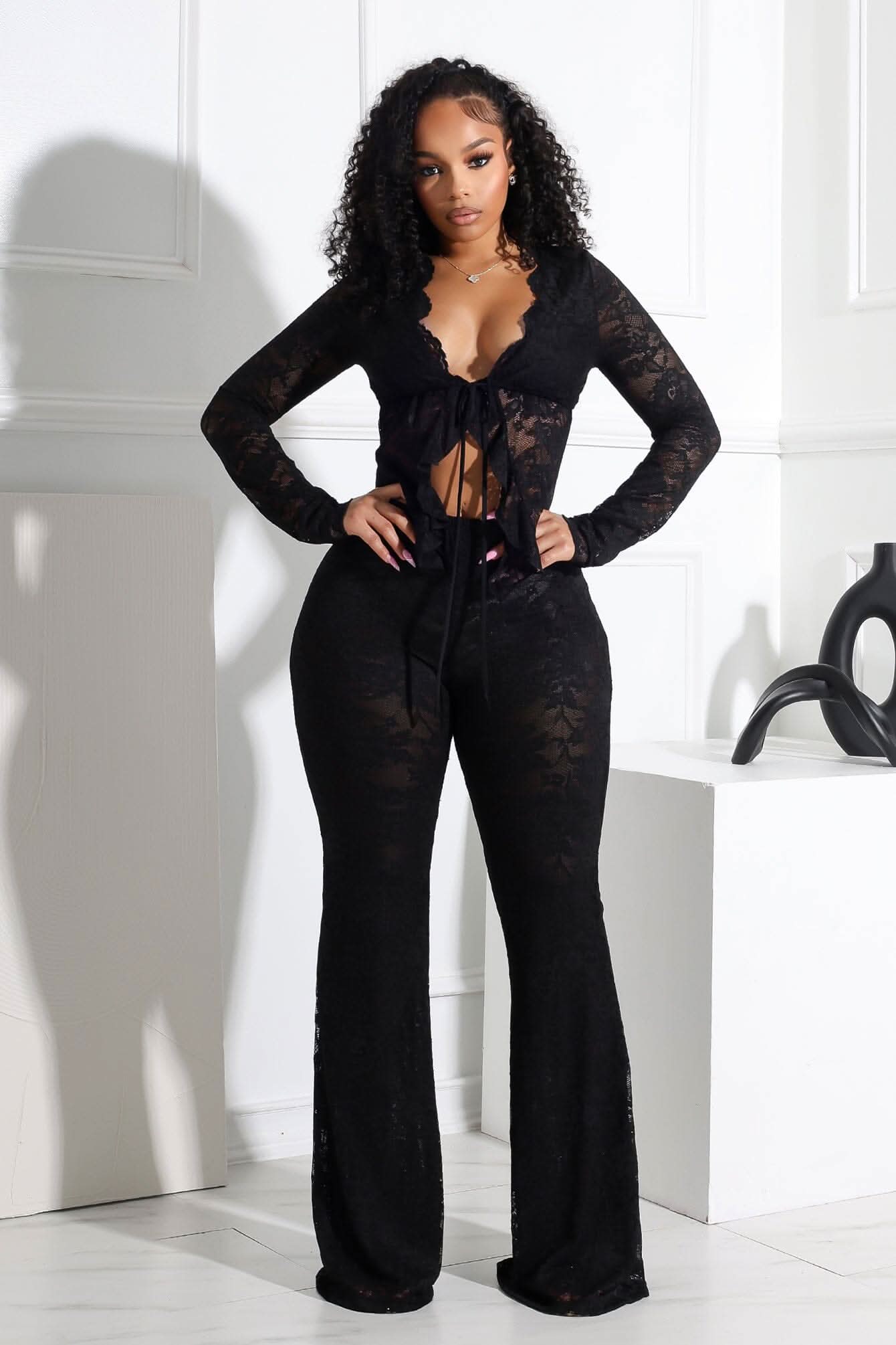 Black lace pants set with long sleeves and tie-front design
