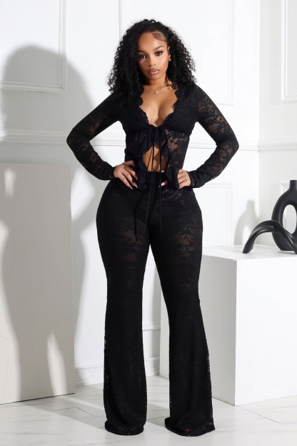 Black lace pants set with long sleeves and tie-front design