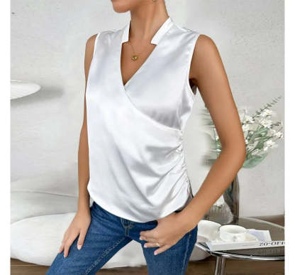 Women's Cocktail V Neck Sleeveless Wrap Blouse Top