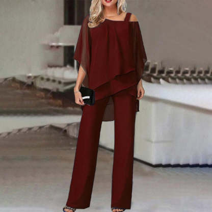 Burgundy cold shoulder overlay pant set with layered chiffon top for women