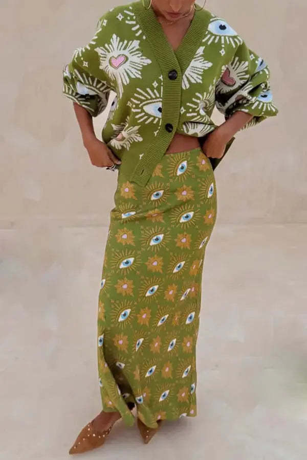 Ophira™ | Symbolic Knit Cardigan & Skirt Claxoria
