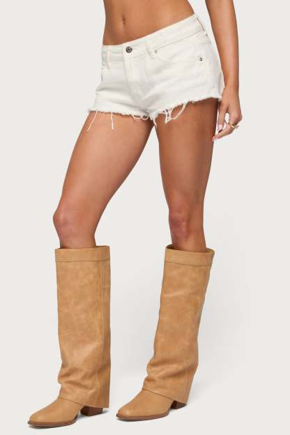 Frayed Vintage Washed Denim Shorts - WHITE