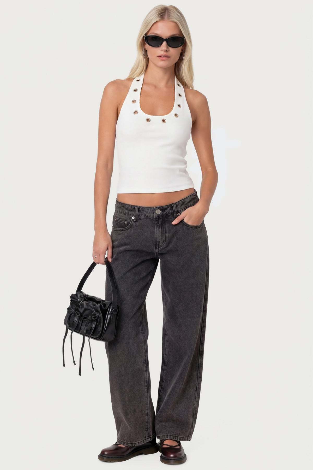 Petite Raelynn Washed Low Rise Baggy Jeans - BLACK WASHED
