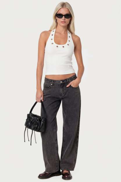 Petite Raelynn Washed Low Rise Baggy Jeans - BLACK WASHED