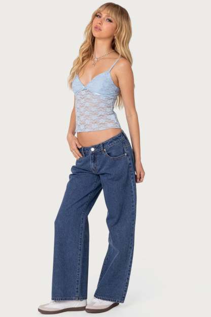 Petite Raelynn Washed Low Rise Baggy Jeans - BLUE WASHED