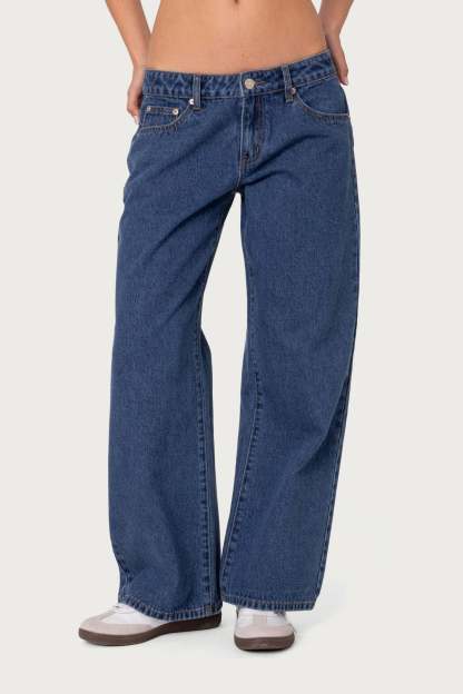 Petite Raelynn Washed Low Rise Baggy Jeans - BLUE WASHED