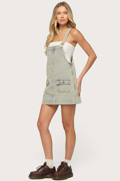 Overall Denim Mini Dress - BLUE-VINTAGE-WASHED