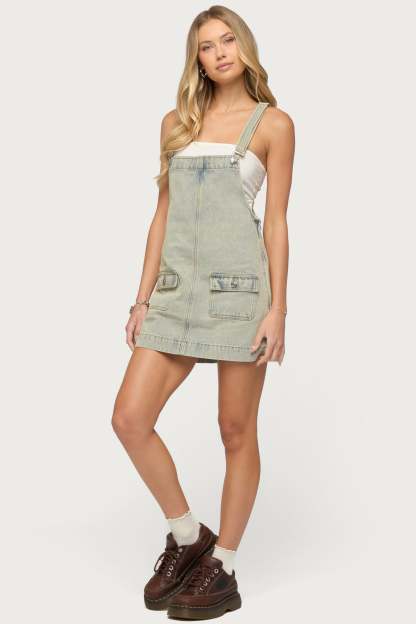 Overall Denim Mini Dress - BLUE-VINTAGE-WASHED