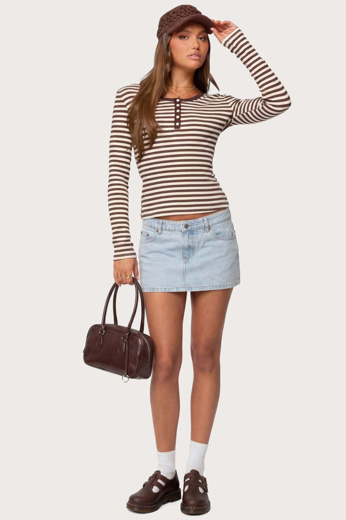 Roma Striped Henley Top - BROWN