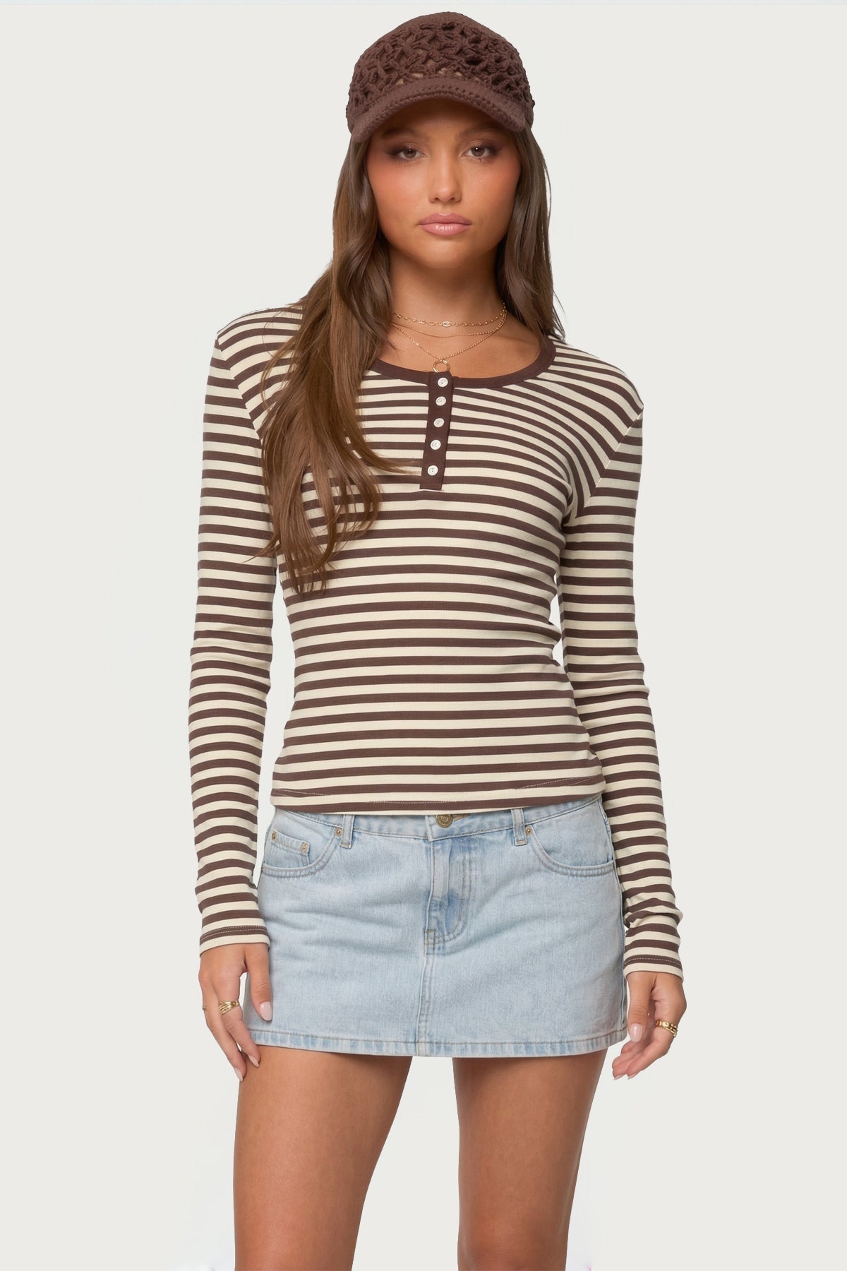Roma Striped Henley Top - BROWN